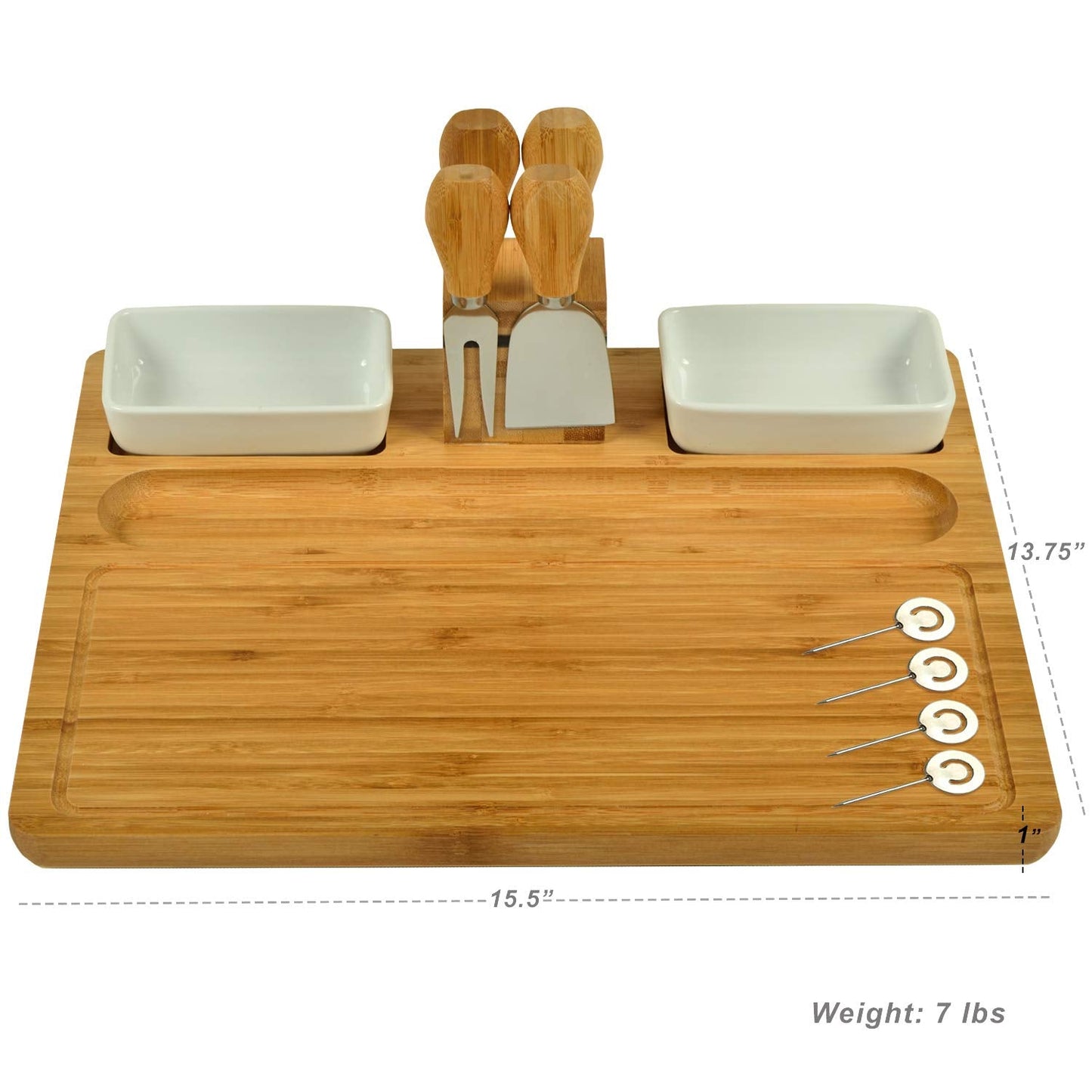 Picnic at Ascot Large Bamboo Cheese Board/Charcuterie Platter with 4 Stainless Steel Tools, 2 Ceramic Trays & Cheese Markers -16" x 13"- Designed & Quality Checked in USA