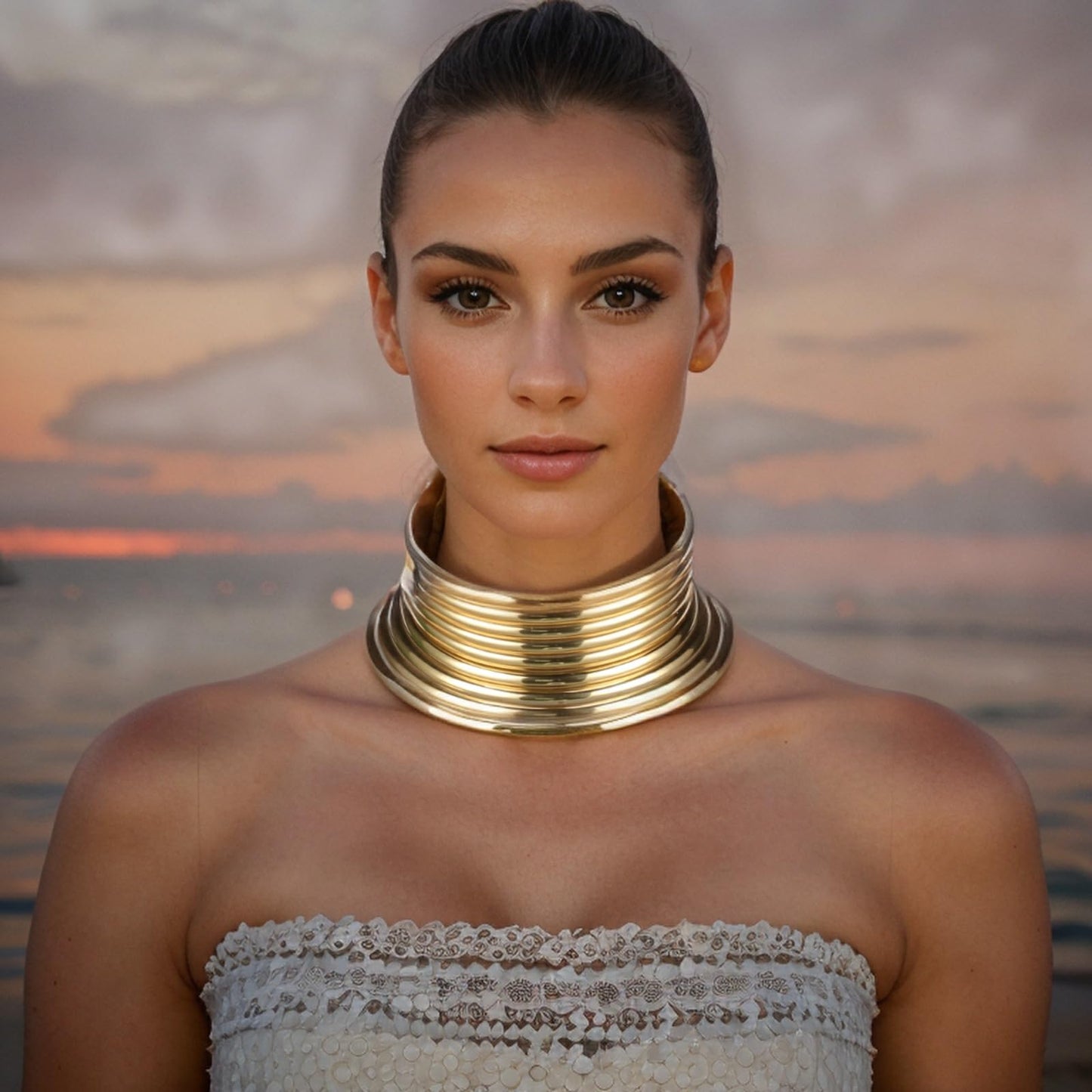 Florate Choker Necklace Bracelet Set for Women PU Leather African Statement Female Torques Collar Ethnic Tribal Bangle Jewelry Set (NXR1446-Gold)
