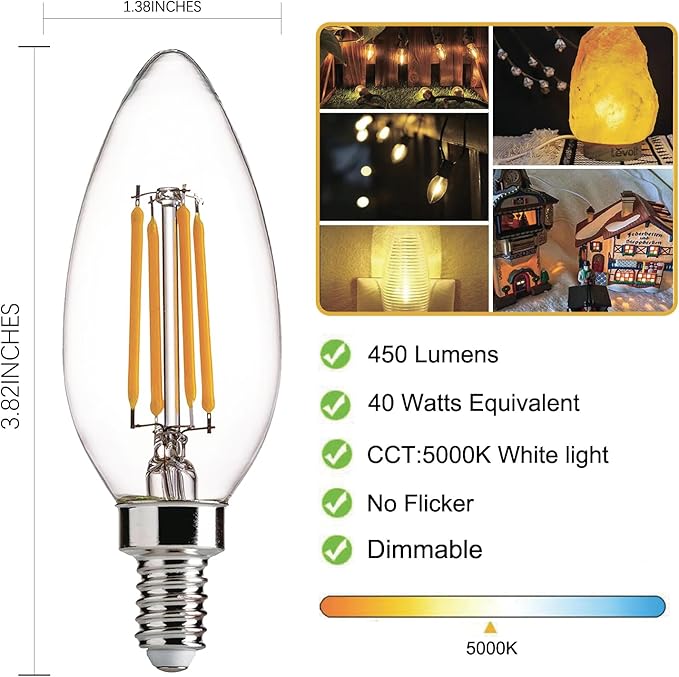 E12 LED Light Bulbs Dimmable 5000K Daylight White 4 watt 40W Equivalent Chandelier Light Bulb Filament LED Candle Bulbs,for Ceiling Fan Home,Candle Lamp,Bedroom Decor. (5000k Daylight White, 12-Pack)