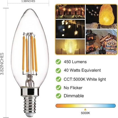 E12 LED Light Bulbs Dimmable 5000K Daylight White 4 watt 40W Equivalent Chandelier Light Bulb Filament LED Candle Bulbs,for Ceiling Fan Home,Candle Lamp,Bedroom Decor. (5000k Daylight White, 12-Pack)
