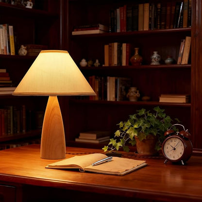 Bedside Table Lamp for Bedroom, Mid-Century Modern Plug in Fabric Shade & Solid Wood Base Desk Lamp, Plug & Play Natural Wood Nightstand Lamp for Living Room, Office, Switch Power Cord 【Bulb Included】