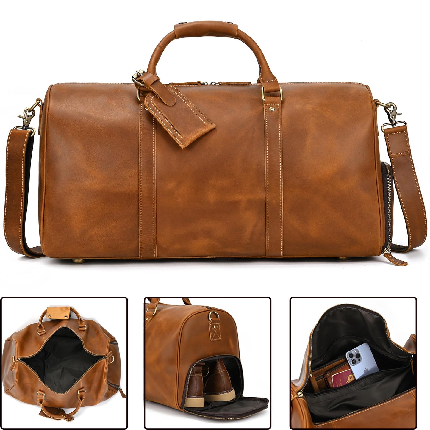 SAIION Leather Duffel Bags for Men and Women, 20 Inch Full Grain Leather Travel Overnight Weekend Duffel, 9804 Light Brown