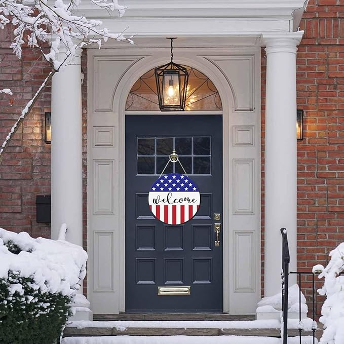 Welcome Wreath Sign for Farmhouse Front Porch Decor Patriotic Welcome Sign 12Inch Wooden Seasonal Decor Hanging Present