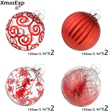 XmasExp 8ct Christmas Ball Ornaments Set -Large Clear Plastic Shatterproof Xmas Tree Ball Hanging Baubles Stuffed Delicate Glittering for Holiday Wedding Xmas Party Decoration (100mm/3.94",red)