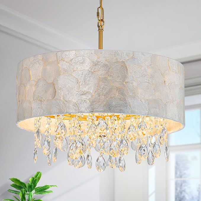 4-Lights Drum Capiz Shell Crystal Chandeliers, Coastal Style Pendant Light Fixture for Dining Room, Living Room, D18 x 21~68"(Adjustable), Shell Lampshade & Gold Finish