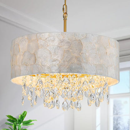 4-Lights Drum Capiz Shell Crystal Chandeliers, Coastal Style Pendant Light Fixture for Dining Room, Living Room, D18 x 21~68"(Adjustable), Shell Lampshade & Gold Finish