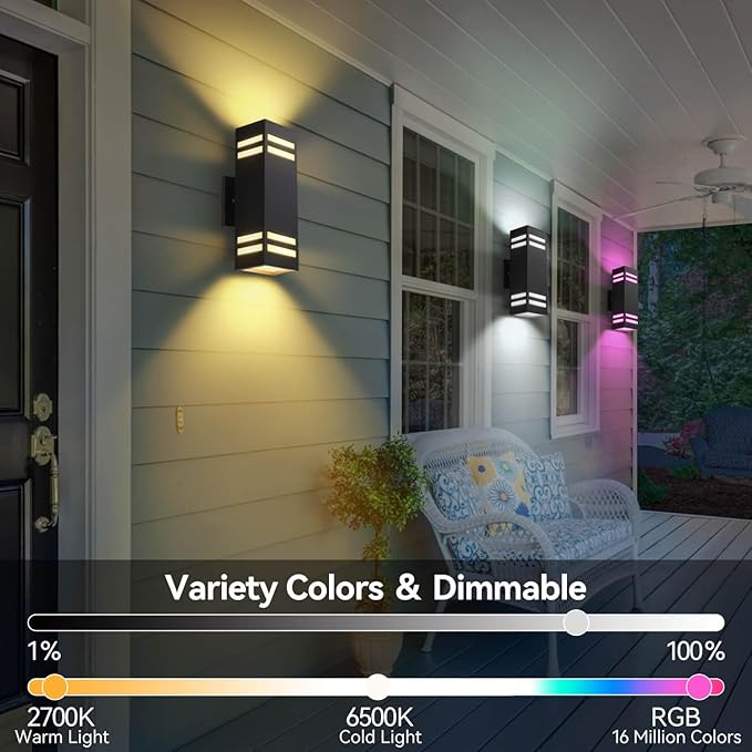 Smart Outdoor Wall Lights, RGBCW Dusk to Dawn Exterior Light Fixture Color Changing Porch Lights with Remote Control, Waterproof Square Outdoor Sconce Lights Works with Alexa Google Assistant