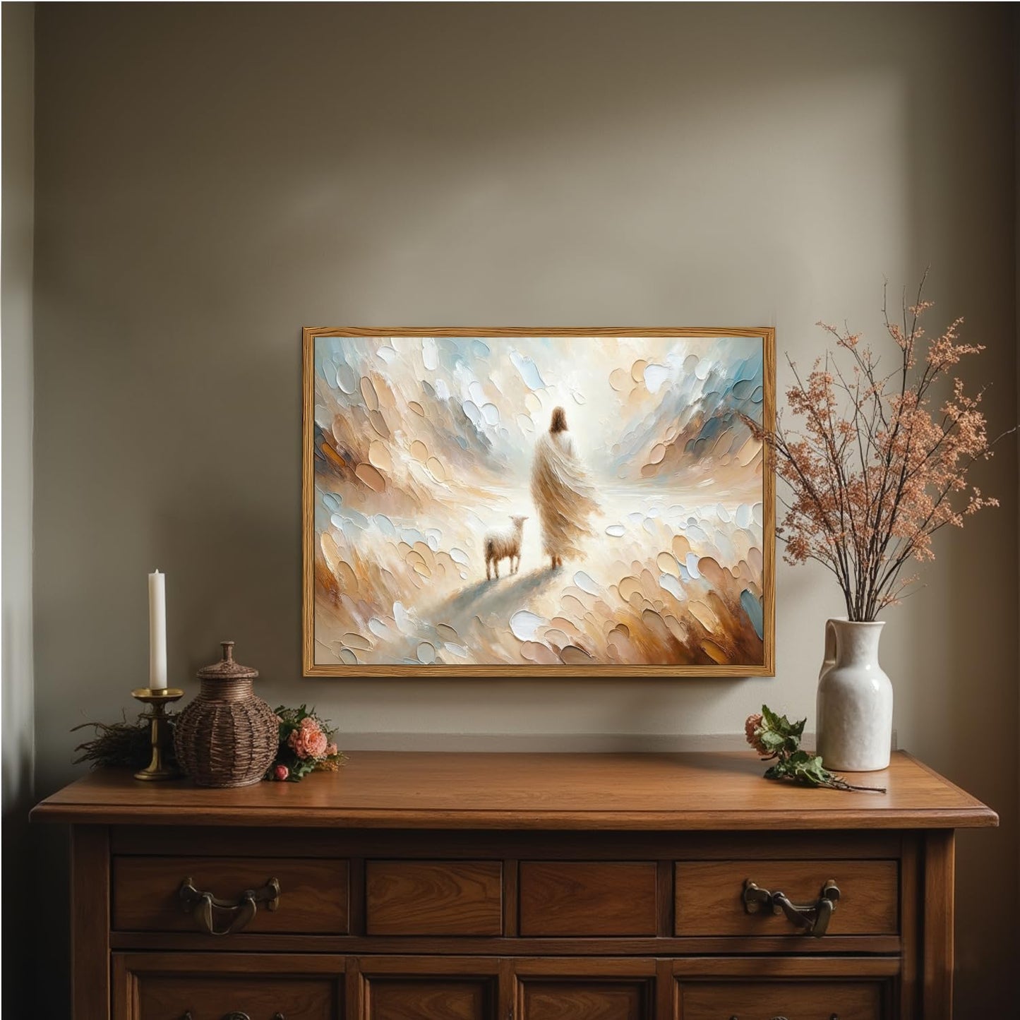 Framed Jesus leaves the 99 Sheep Canvas Wall Art, Christian Jesus and Lamb Wall Decor Paintings, Bible Good Shepherd Poster Prints Religious Home Decor for Living Prayer Room Church 12x16 inch
