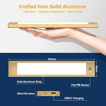 Rechargeable Under Cabinet Lighting, Motion Sensor Wireless Night Light, Dimmable, CCT Adjutable, Magnetic Mount for Kitchen, Closet, Bedroom, Reading, Ambience (Gold, 2 Pack, 9 in)