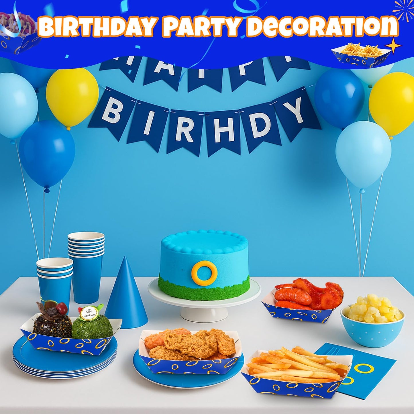 Baderke 100 Pcs Video Game Party Favors Paper Food Trays Boat 2lb Blue with Gold Ring Print Themed Disposable Nacho Trays Video Game Kraft Paper Boat for Christmas Tacos Concession for Birthday Party