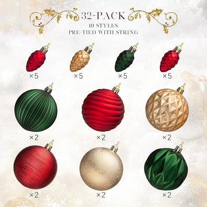 JORNOY Christmas Tree Ornaments, 3.12inch/80mm Shatterproof Ornaments for Christmas Tree Set - Plastic Decorative Hanging Balls Ornaments for Xmas Tree Decorations, 32ct (Red & Green & Gold)