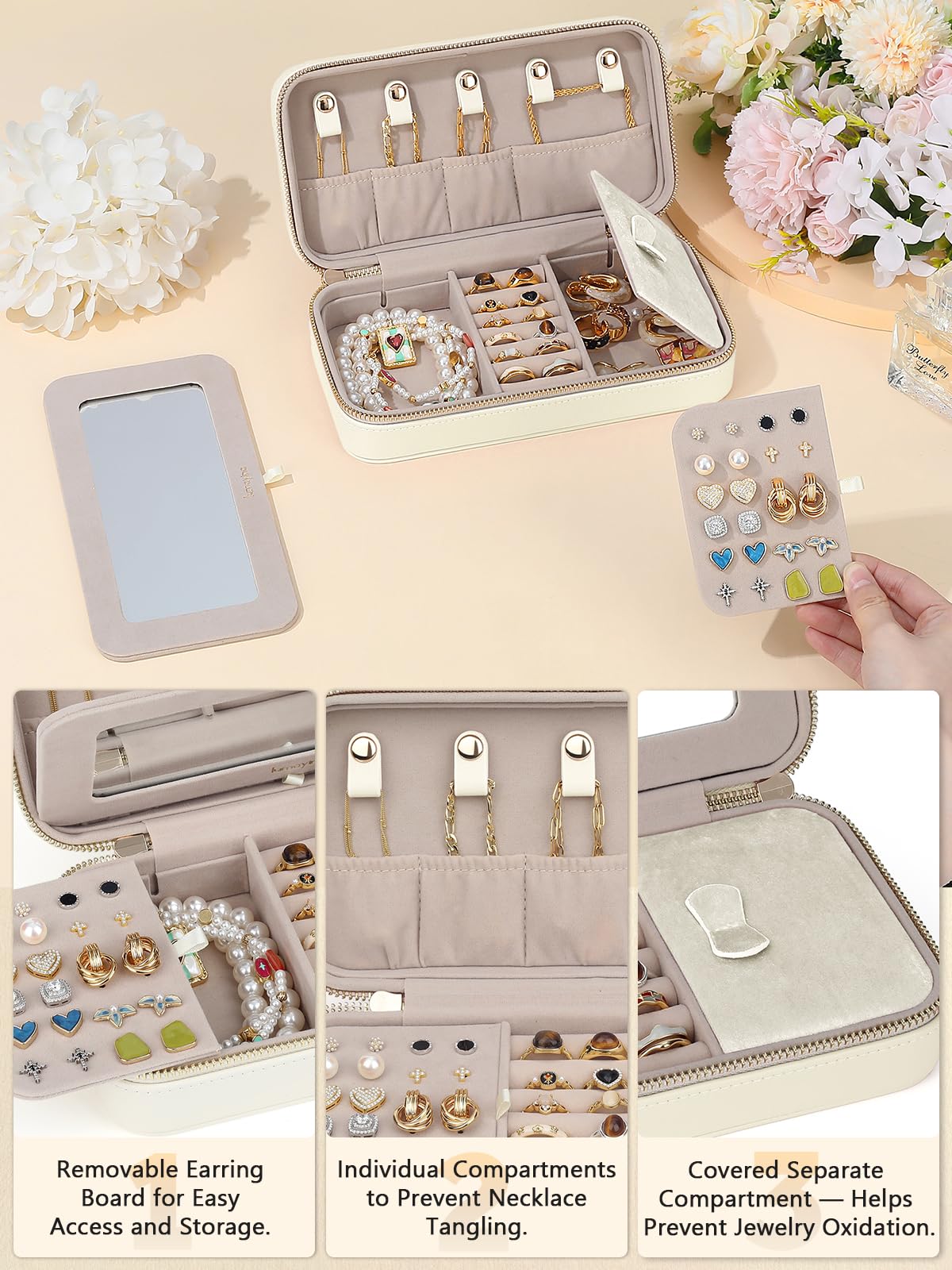 Lumayina Travel Jewelry Case with Mirror, Quilted Small Jewelry Box Organizer for Women Girls, Portable Earring Necklace Bracelet Ring Holder Storage for Travel Weekend Trips (Beige)
