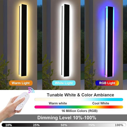 2 Pack Outdoor Long Wall Light for Porch, 24 inch Modern RGB Led Wall Lights Fixture, Dimmable Outside Wall Sconce Linear Lights, Exterior Lighting Fixtures for Garage, Patio, Front Door