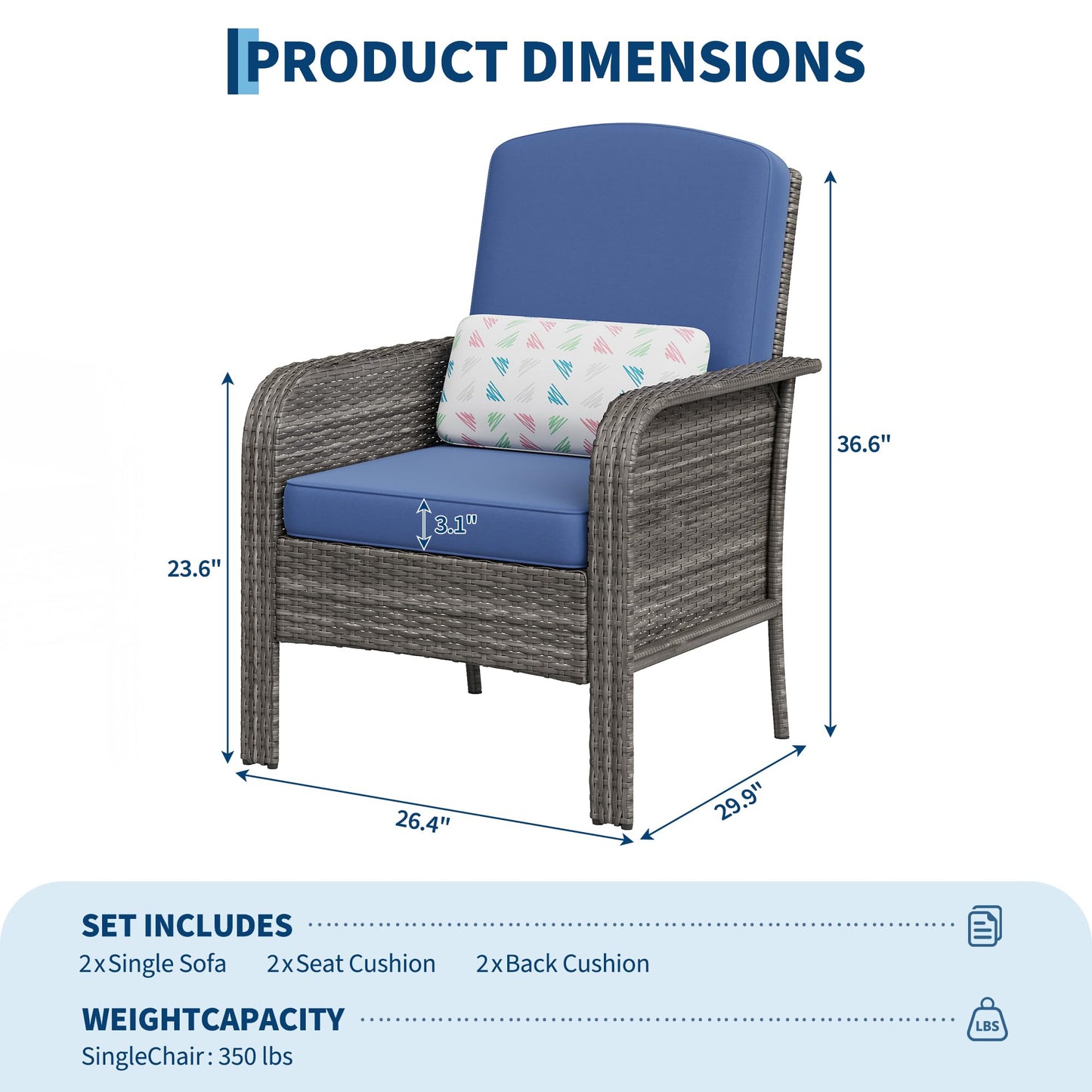 GarveeHome 2-Piece Outdoor Patio Furniture Set, All-Weather Rattan Chairs with Thick Cushions, High Back Wicker Lounge Chairs for Porch, Deck, Garden, Poolside & Backyard (Gray Rattan, Blue Cushion)