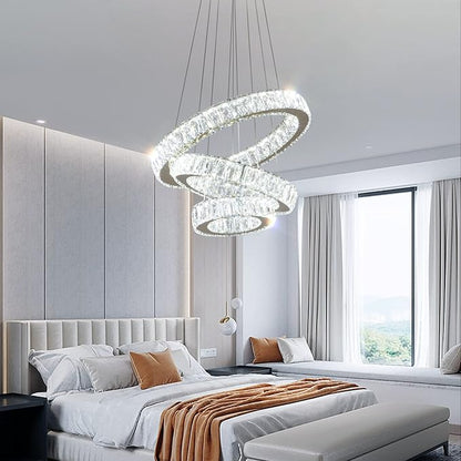 FRIXCHUR Modern LED Chandeliers Crystal Pendant Light 3 Ring Chandelier Hanging Crystal Ceiling Light Fixture Adjustable Pendant Light for Living Room Dining Room Bedroom Foyer Gold (Cool White)
