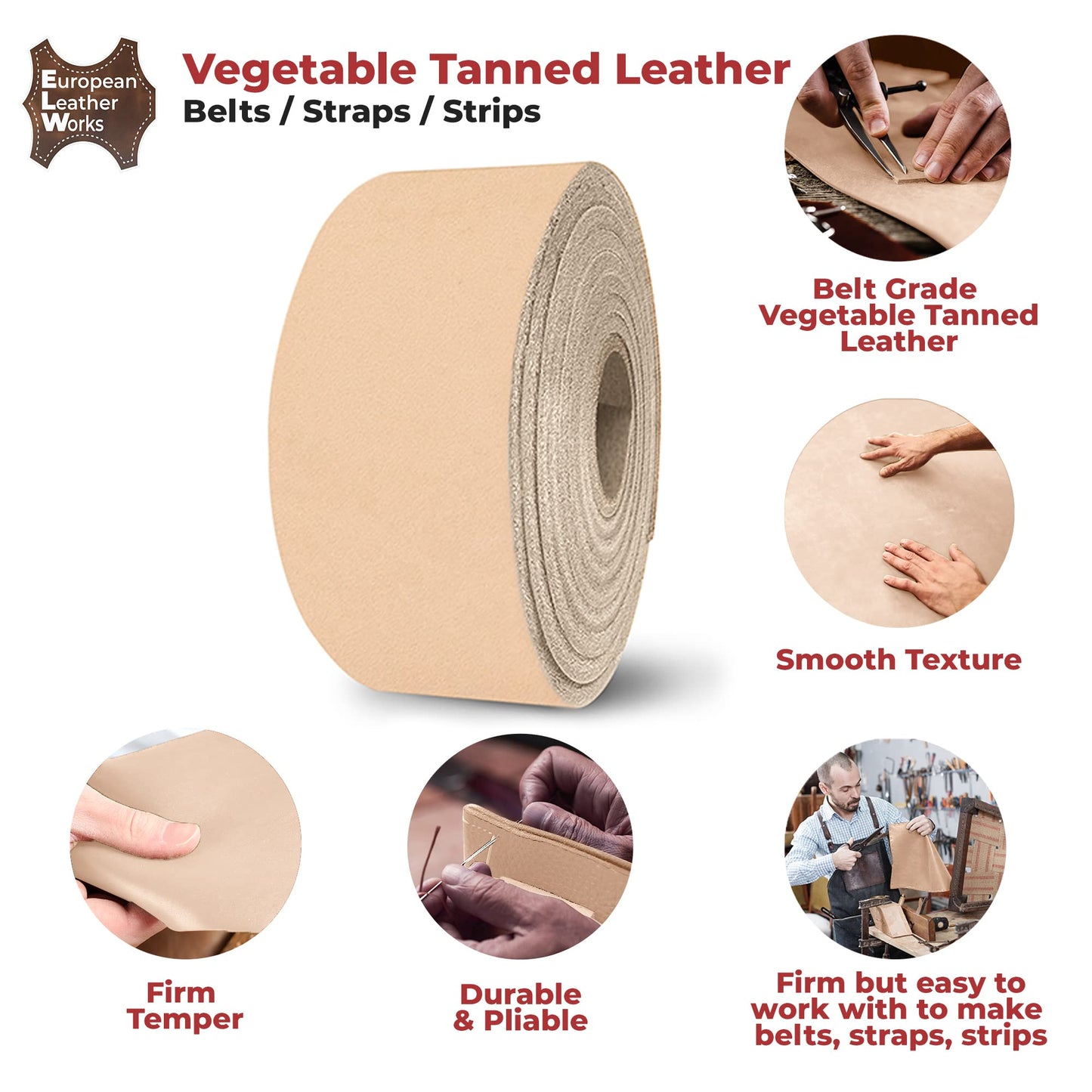 European Leather Works 11-12 oz. (4-4.8mm) Vegetable Tanned Leather Belt Blanks/Straps Size: 1/2"x50" (1.3x127cm) Full Grain Cowhide Tooling, Crafting, Knife Sheath, Furniture