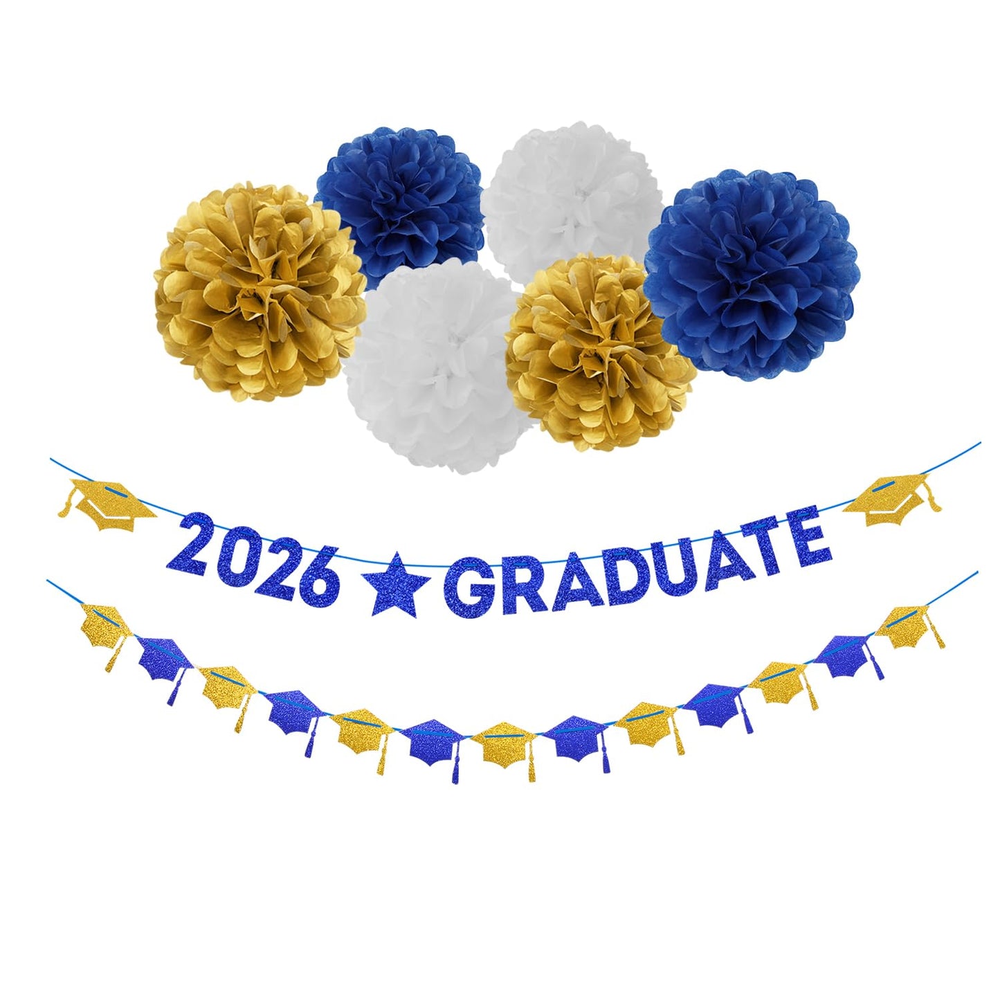 Navy-Blue White-Gold Party-Decoration Graduation Banner - 8pcs Kits Cap Garland Streamers, Paper Tissue Pom Poms Flowers, 2026 Craduate Banner Congratulations Grad Decor Lasting Surprise