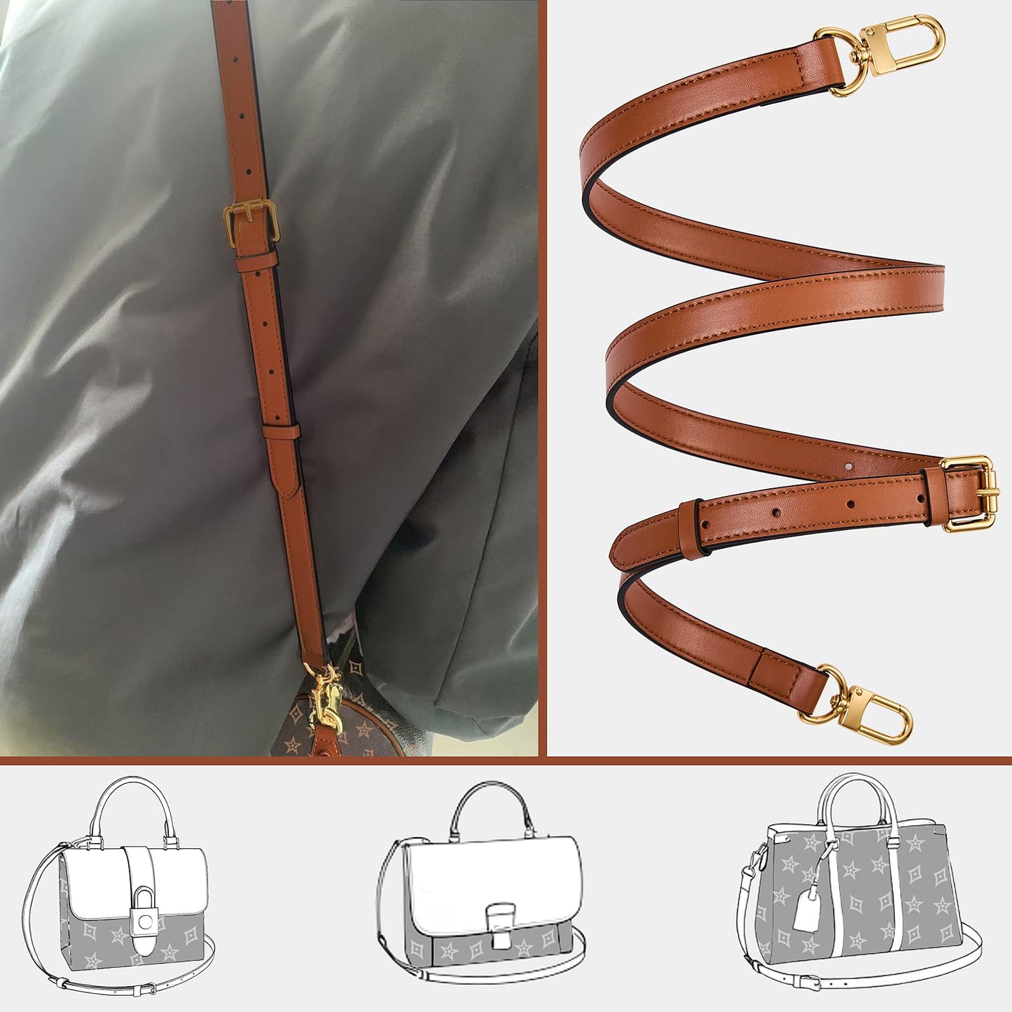 LWMYFZX Genuine Vachetta Leather Crossbody Strap | Adjustable Replacement Shoulder Strap for Handbags, Purses & Clutches (Brown)