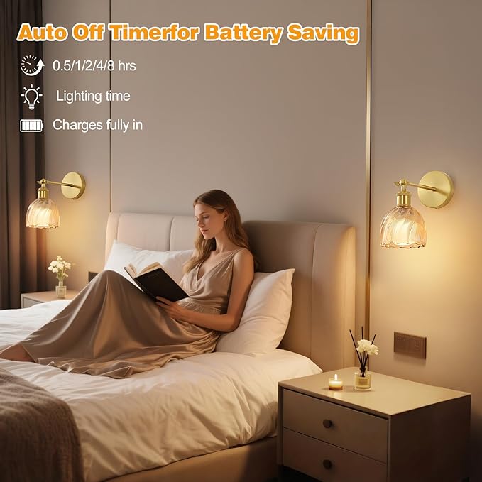 Vintage Battery Powered Cordless Wall Sconce Set of 2, Battery Wall Sconce with Amber Tulip Glass Lampshade, Rechargeable Battery Powered Wall Lights with Remote Control for Bedside Bedroom Doorway