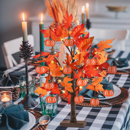 hogardeck Fall Decorations for Home, Thanksgiving Decorations, 24”2FT Lighted Maple Leaves Tree with 24 LEDs & 12 Wood Pumpkin Ornaments, Battery Powered Timer Artificial Trees for Autumn Table Decor