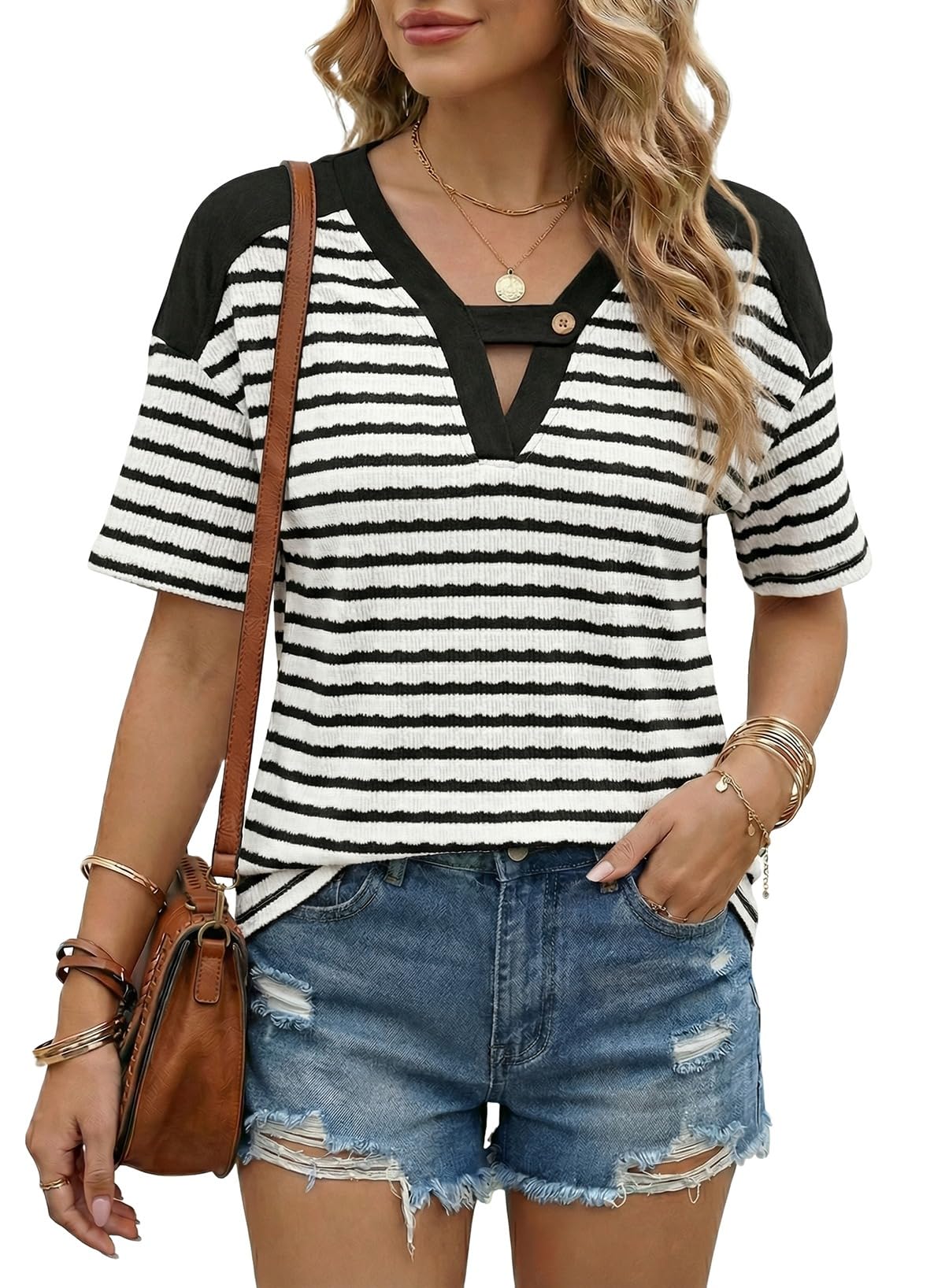Dokotoo Summer Tops for Women Casual Short Sleeve Trendy T Shirts for Women Loose Fit V Neck Stirped Color Block Tees Top Spring Fashion Blouses Black Medium