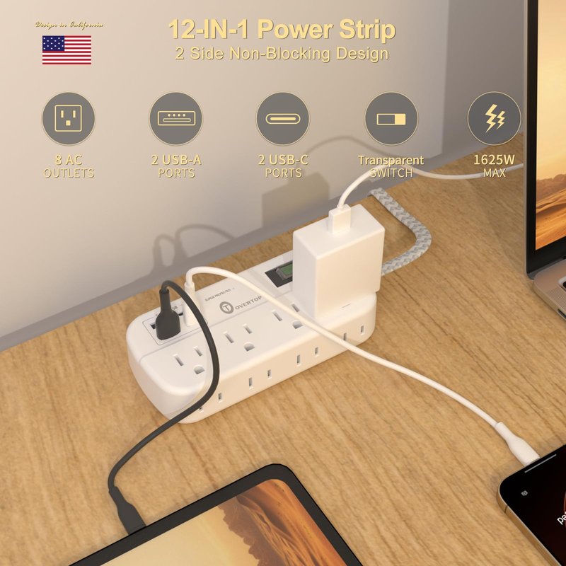 Overtop 12 IN 1 Power Strip Surge Protector, 8 Outlets 4 USB (2 USB C Ports), Compact Wall Outlet Extender, Nightlight Flat Plug 5FT Braided Extension Cord Charging Station for Travel Home Office Dorm