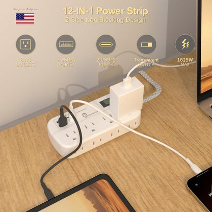 Overtop 12 IN 1 Power Strip Surge Protector, 8 Outlets 4 USB (2 USB C Ports), Compact Wall Outlet Extender, Nightlight Flat Plug 5FT Braided Extension Cord Charging Station for Travel Home Office Dorm