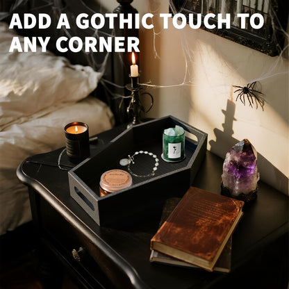 Art Secret Gothic Coffin Tray - Wooden Black Coffin-Shaped Storage Organizer for Desk, Vanity, Spooky Home Decor, Halloween Shelf Display, Goth Room Aesthetic (13")