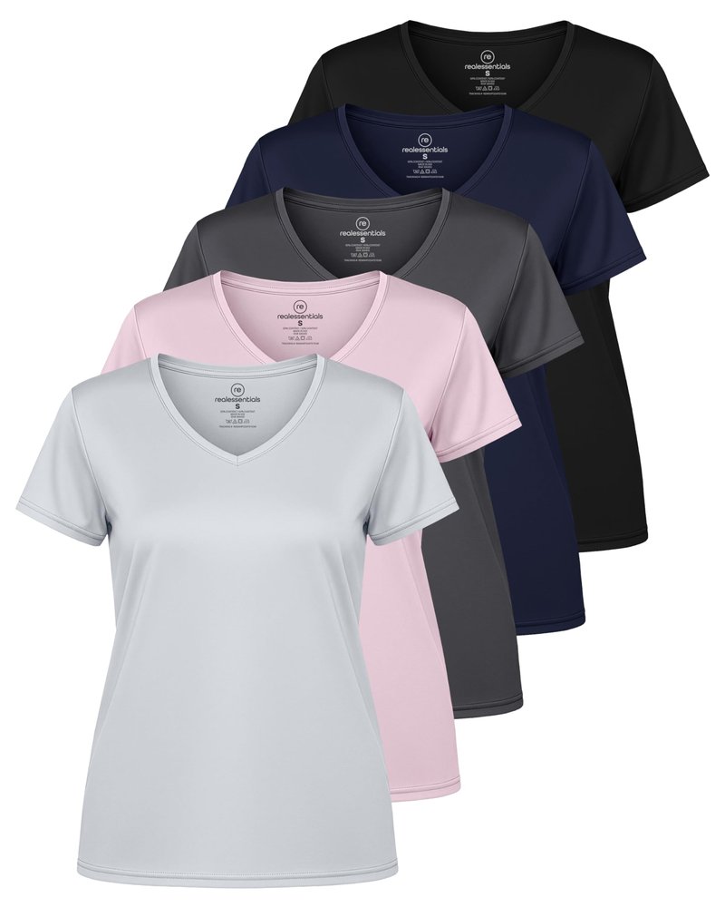 Real Essentials 5 Pack: Women's Dry-Fit Short Sleeve V Neck T Shirt Workout Fitness Yoga Top Tee, Set 6, S