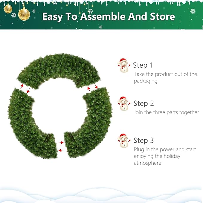 48in Christmas Wreath, 250 LED Lights (Warm White & Color, 10 Lighting Modes), Glowing Red Bow, 714 PVC Branch Tips, Power Plug-in, with Hooks, Holiday Decoration, Outdoor Door Decoration