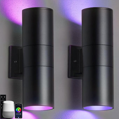 wowlite RGB Up Down Outdoor Wall Lights 2 Pack, 1200LM Smart Cylinder Outdoor Lights for House, Color Changing Exterior Lighting Fixtures APP Control Works with Alexa, IP65 Waterproof Porch Light