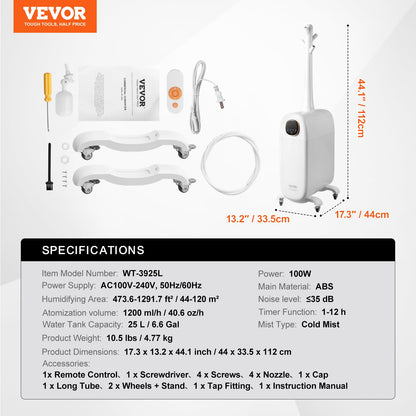 VEVOR Humidifier for Home Large Room, Commercial Humidifier for Whole House 1291.7 sq ft, 16L Water Tank & Night Light & 12h Timer & Auto Shut-Off, Greenhouse, Commercial Branch Tube w/ 360° Nozzle