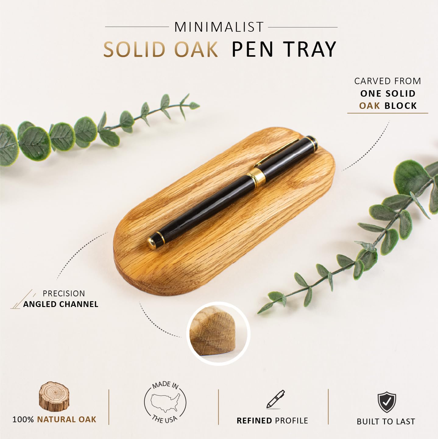 Vorovale Solid Oak Single Pen Tray, Minimalist Desk Organizer, Natural Wood, Handcrafted, Precision Angled Channel