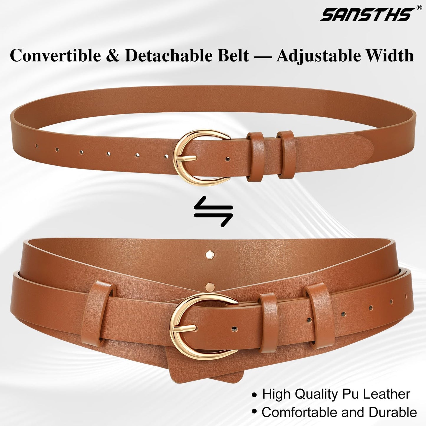 SANSTHS Belt for Women 2-in-1 Waistband for Dress Coats Pants, Women Wide Leather Belt with Fashion Buckle, Brown S
