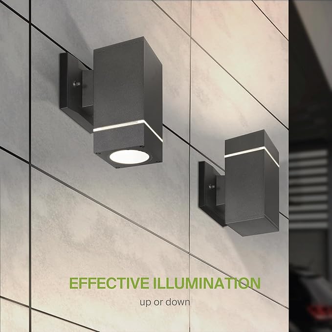 ASD 1 Light Square Outdoor Wall Light Fixture | 60W E26 Bulb Socket 120V ETL Cylinder Up Down Lights | LED/CFL/Incandescent Bulb Exterior Wall Sconce | Front Door, Porch Patio | Ringed Black, 2 Pack