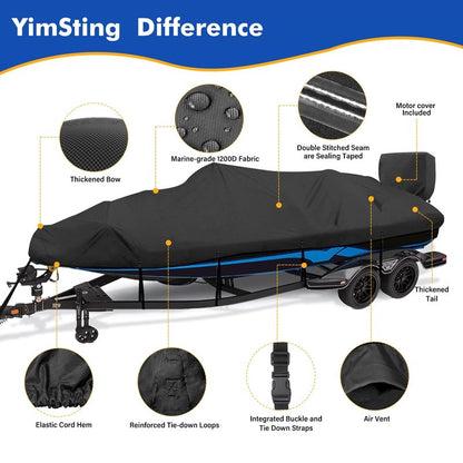 YimSting 1200D Waterproof Boat Cover - Fits 20' to 22' ft Bass, V-Hull, Tri-Hull, Fish & Ski, Runabout Bowrider Boats - Heavy Duty Canvas Black
