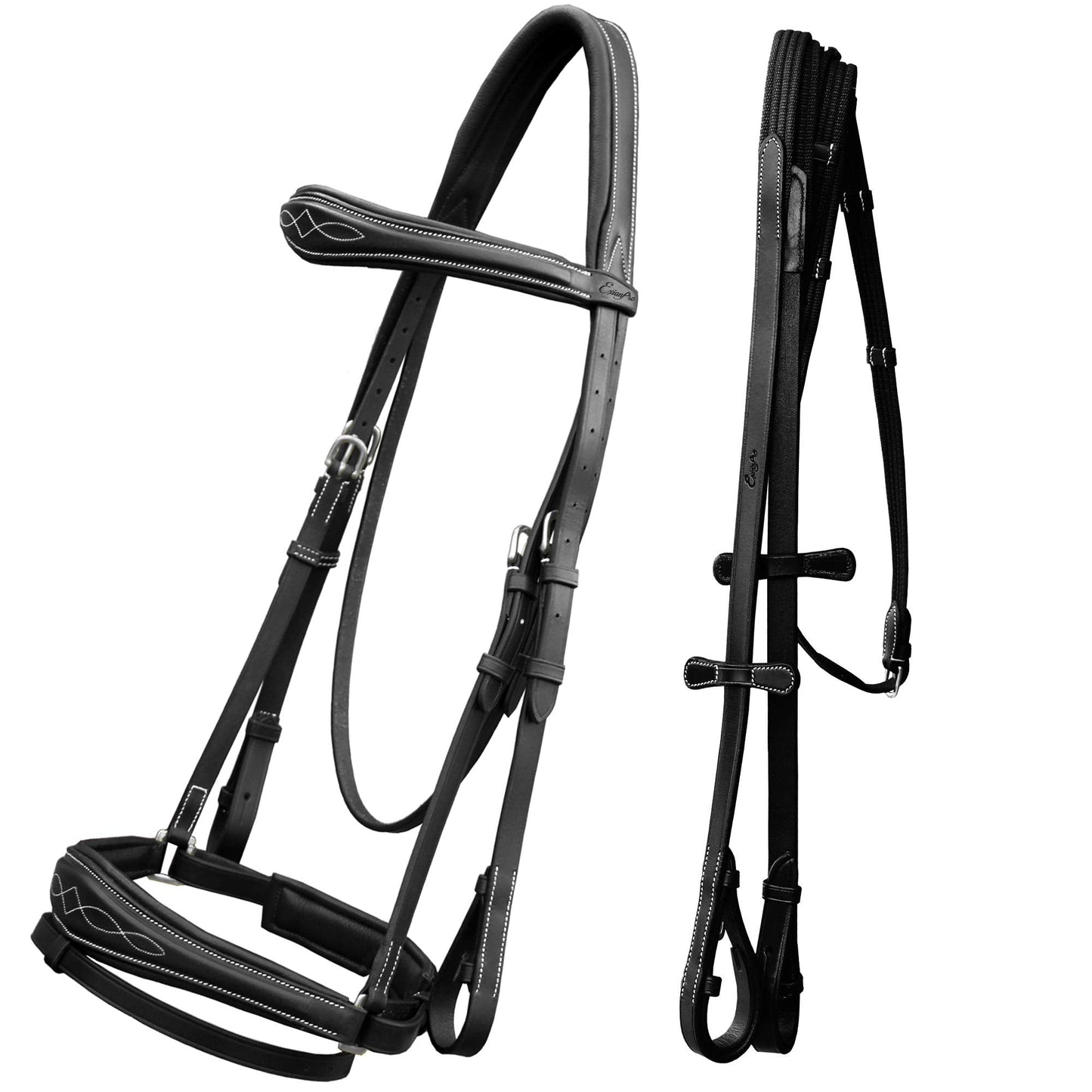 Exion Horse Dressage Bridle with Soft Padded Anatomical Crank Noseband & Reins | Fancy Square Raised Browband | Comfort Crownpiece | Premium Vegetable Tanned Leather