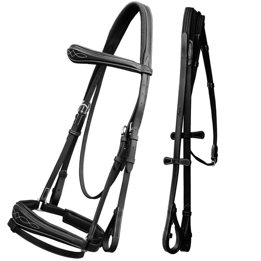 Exion Horse Dressage Bridle with Soft Padded Anatomical Crank Noseband & Reins | Fancy Square Raised Browband | Comfort Crownpiece | Premium Vegetable Tanned Leather