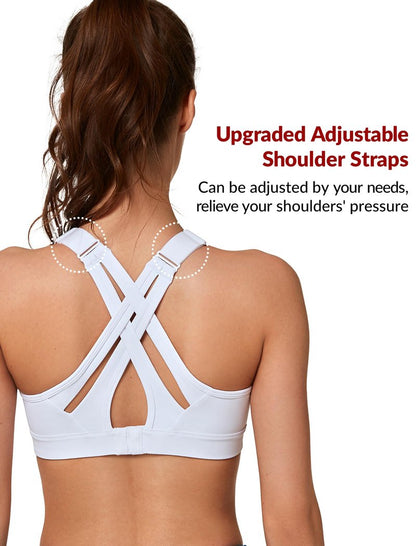 Yvette Sports Bra High Impact Adjustable Criss Cross Back, Full Support for Large Bust No Bounce, White,L