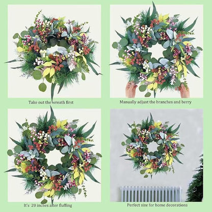 20 inch Green Christmas Wreath for Front Door,Window, Porch, Farmhouse, Indoor and Outdoor Home Decoration