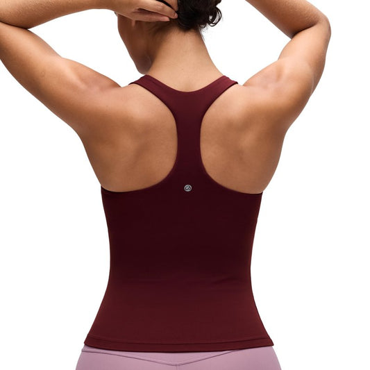 CRZ YOGA Butterluxe Workout Racerback Tank Tops for Women - Padded Athletic Spandex Yoga Shirts with Built in Bra Red Merlot Large