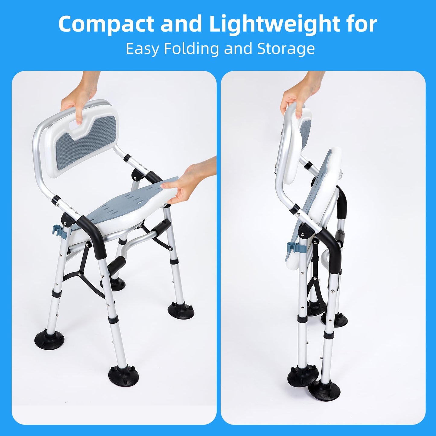 Fasjloctavty Shower Chair for Inside Shower,Foldable Shower Chair for Elderly and Disabled, Adjustable Height Chairs with Padded Arms and Back for Bathroom,Compact and Comfortable，Regular Standard