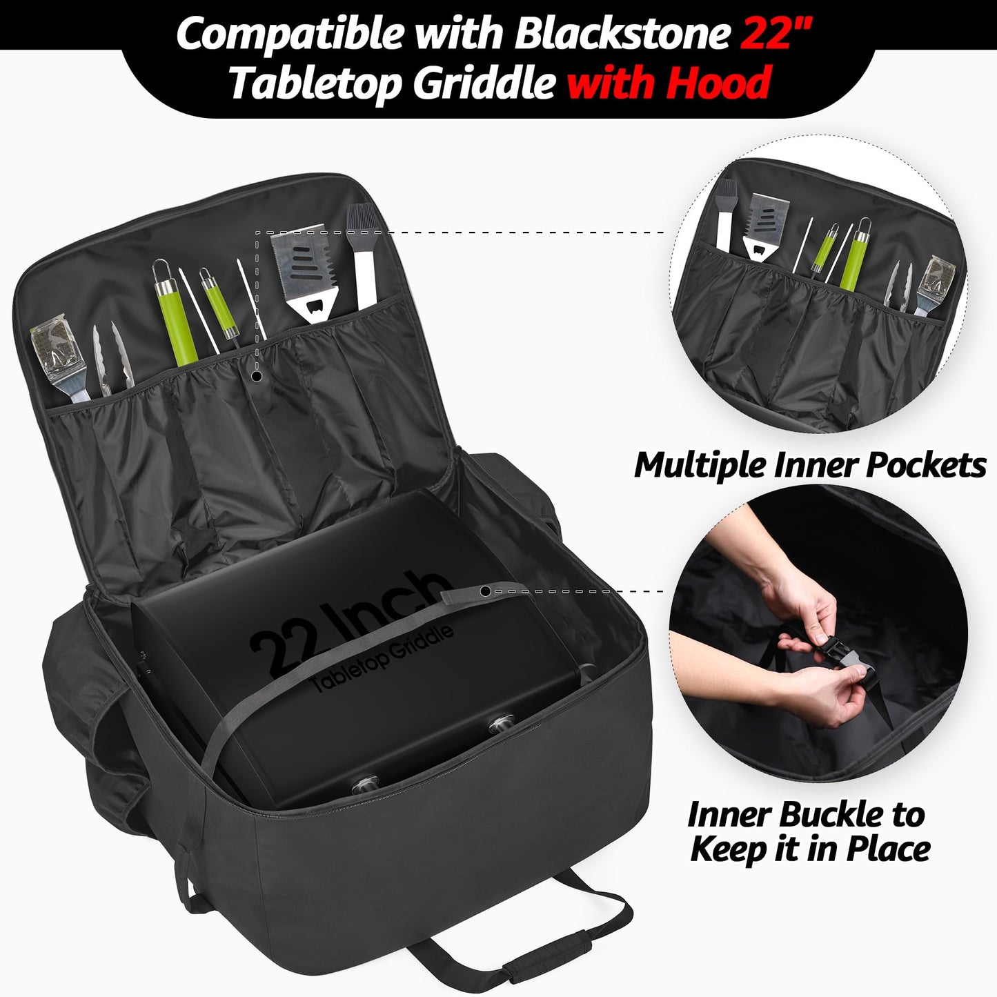samdew Carry Bag for 22 Inch Tabletop Griddle with Hood, Outdoor Grill Cover Compatible with Blackstone 22 Inch Tabletop Griddle with Hood, Portable Camping Grill Storage Case with Pockets, Bag Only