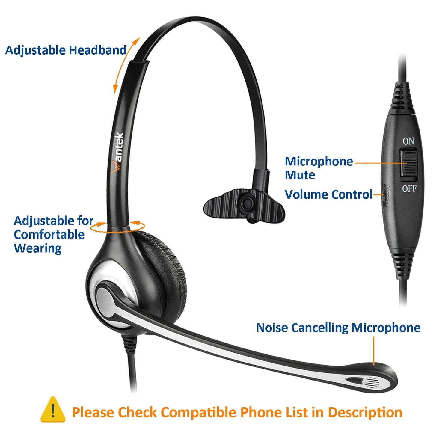 Wantek Corded Telephone Headset Mono w/Noise Canceling Mic Compatible with ShoreTel Plantronics Polycom Zultys Toshiba NEC Aspire Dterm Nortel Norstar Meridian Packet8 Landline Deskphones(F600S2)