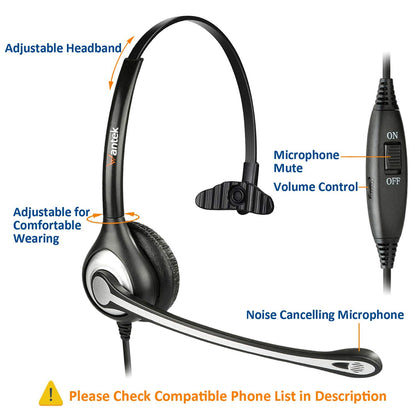 Wantek 2.5mm Telephone Headset with Mic Noise Cancelling, Office Phone Headset Compatible with AT&T ML17929 Panasonic Vtech RCA Uniden Cisco SPA Grandstream Polycom Cordless Dect Phones(A600F)