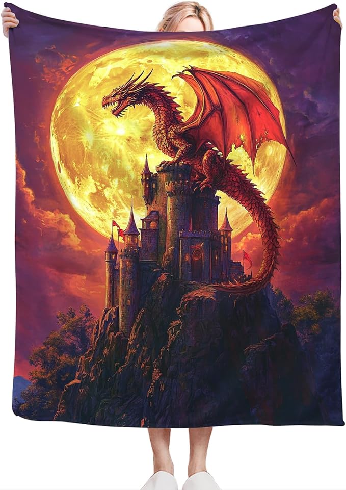 Dragon Blanket, Full Moon Throw Blankets, Dragons Space Fuzzy Plush Blanket Ultra Soft for Dragon Lover Gift Kids Teens Women Men Girls Boys Stuff Decor for Bedding Sofas Couch 60"X50"