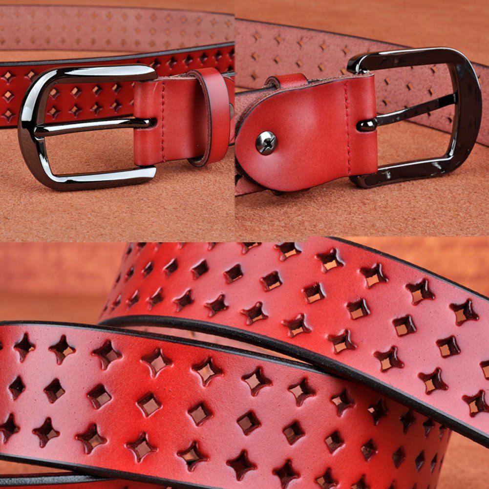 VONSELY Genuine Leather Belts for Women Hollow Out Design, Soft Leather Womens Belts with Pin Buckle, Red Leather Belt
