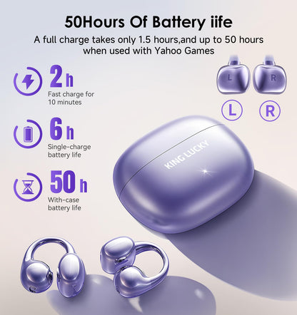 King Lucky Clip-On Earbuds Gen 3, Open-Ear Wireless Bluetooth 6.0 Headphones with Mic, Secure Fit for Small Ears & Glasses Wearers, 50H Playtime, ENC, IPX5 Waterproof Sport Ear Buds (Purple)