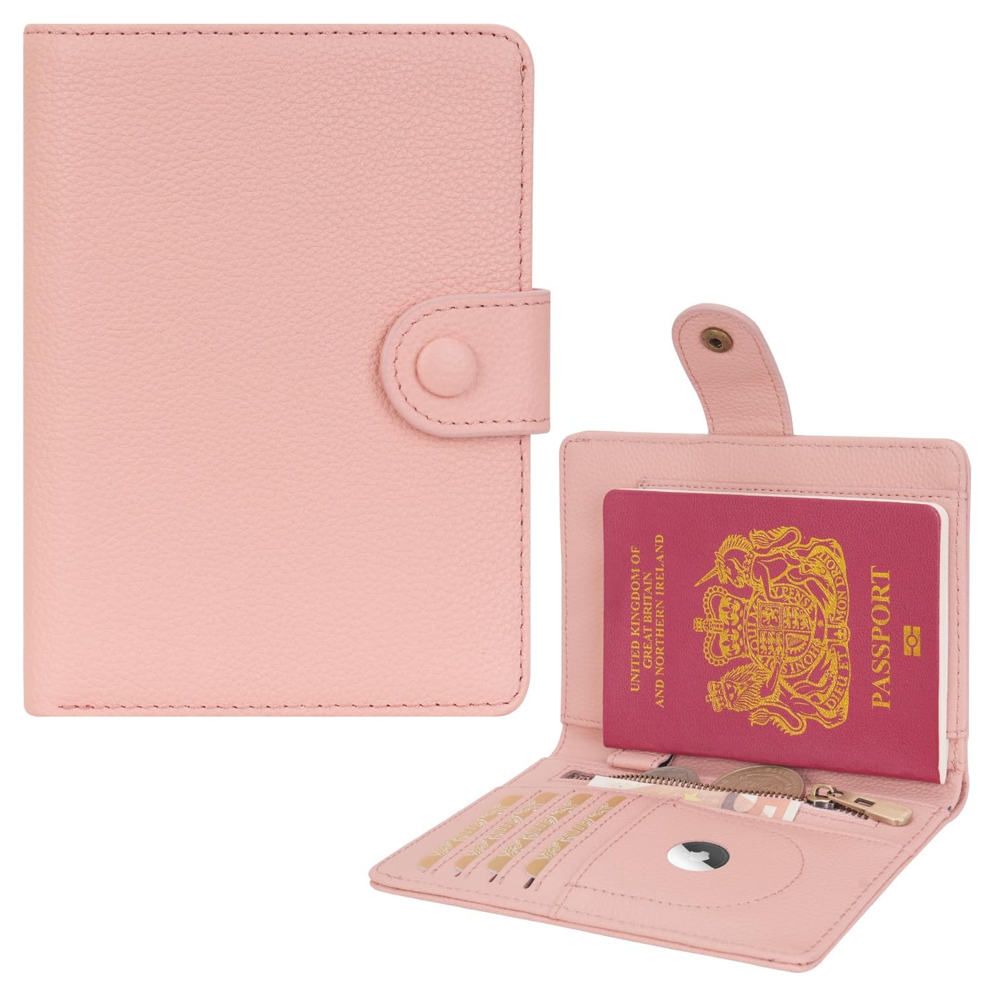 WASON Leather Passport Cover Wallet - Travel Passport Holder with RFID, Card Slots, Cash Pocket, Coin Purse, Tracker Slot, Boarding Pass and Ticket Organizer for Men and Women (Pink)
