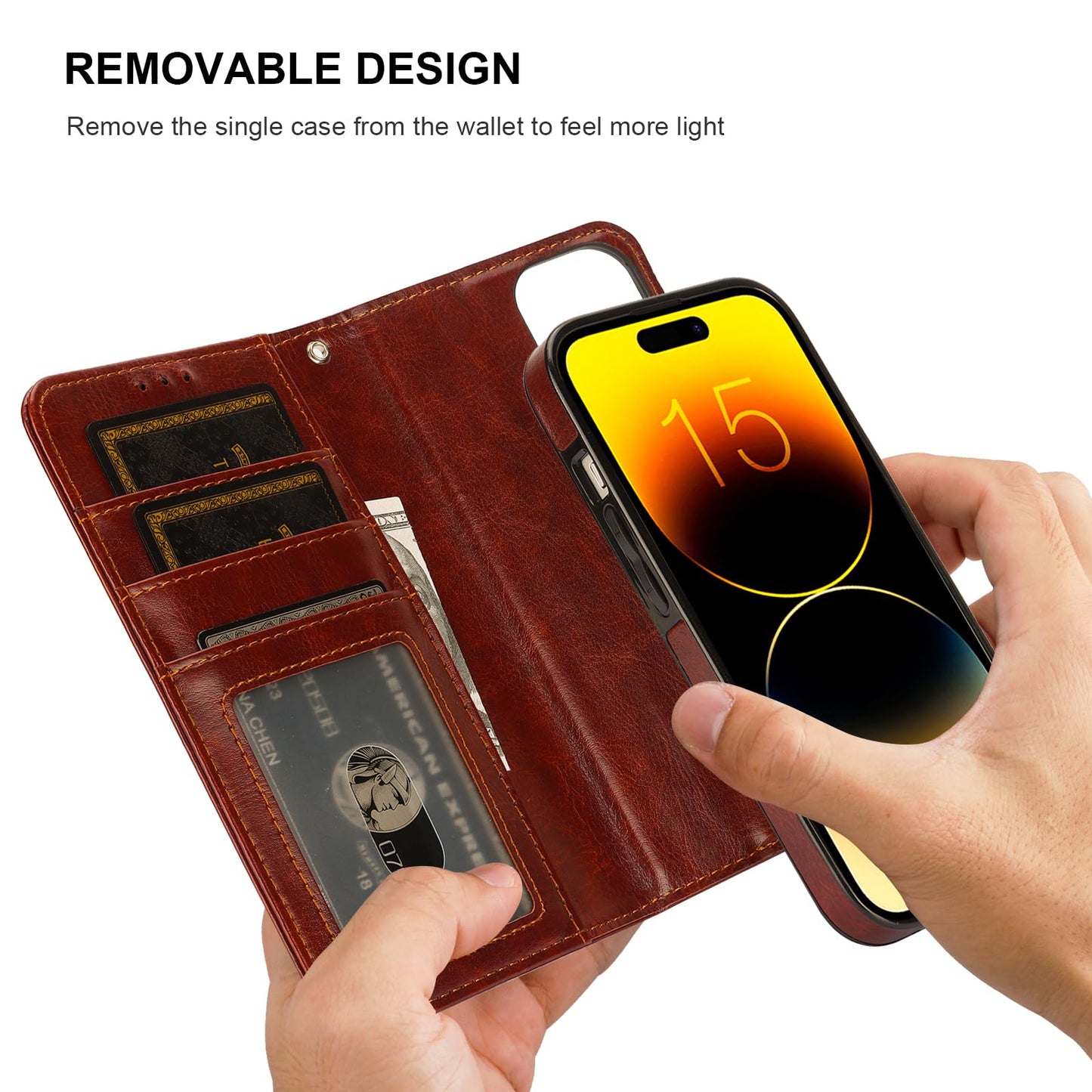 Bocasal Detachable Wallet Case for iPhone 15 RFID Blocking Card Slots Holder Premium PU Leather Magnetic Kickstand Shockproof Wrist Strap Removable Flip Protective Cover 5G 6.1 inch (Brown)